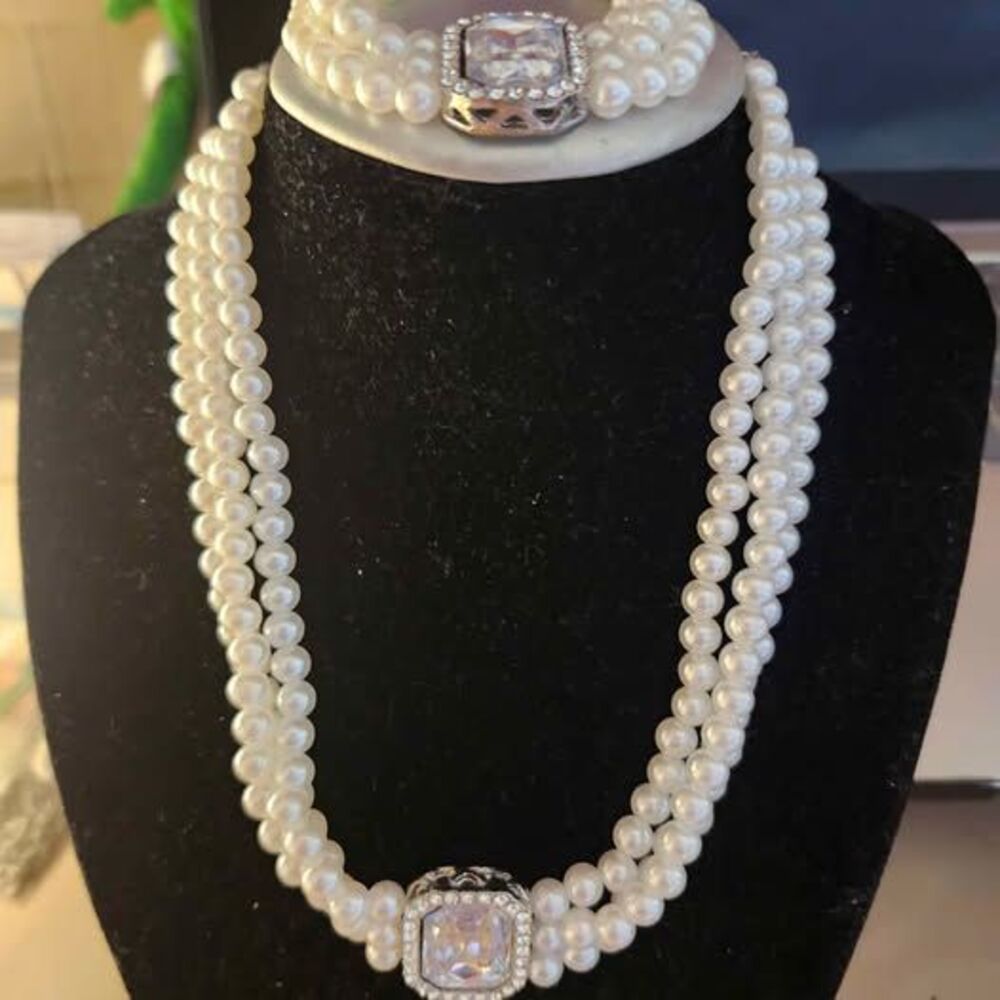 3-Strand Faux Pearl Necklace and Bracelet Set with Rhinestone Centerpiece